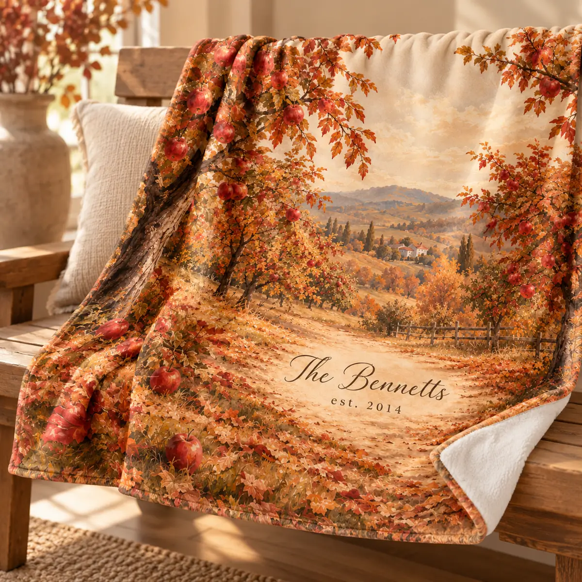 Autumn Orchard Name Personalized Throw Blanket — detail illustrative mockup