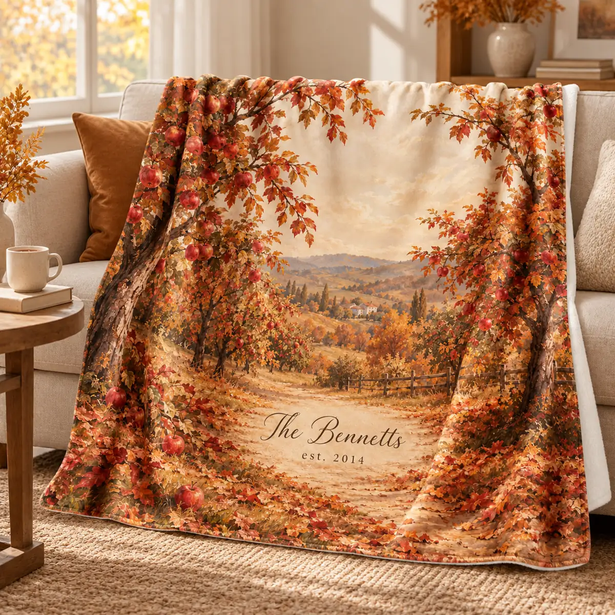 Autumn Orchard Name Personalized Throw Blanket — lifestyle illustrative mockup