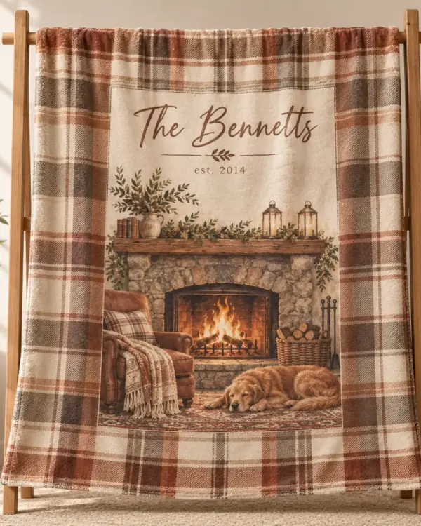 Family Fireside Plaid Personalized Throw Blanket — main illustrative mockup