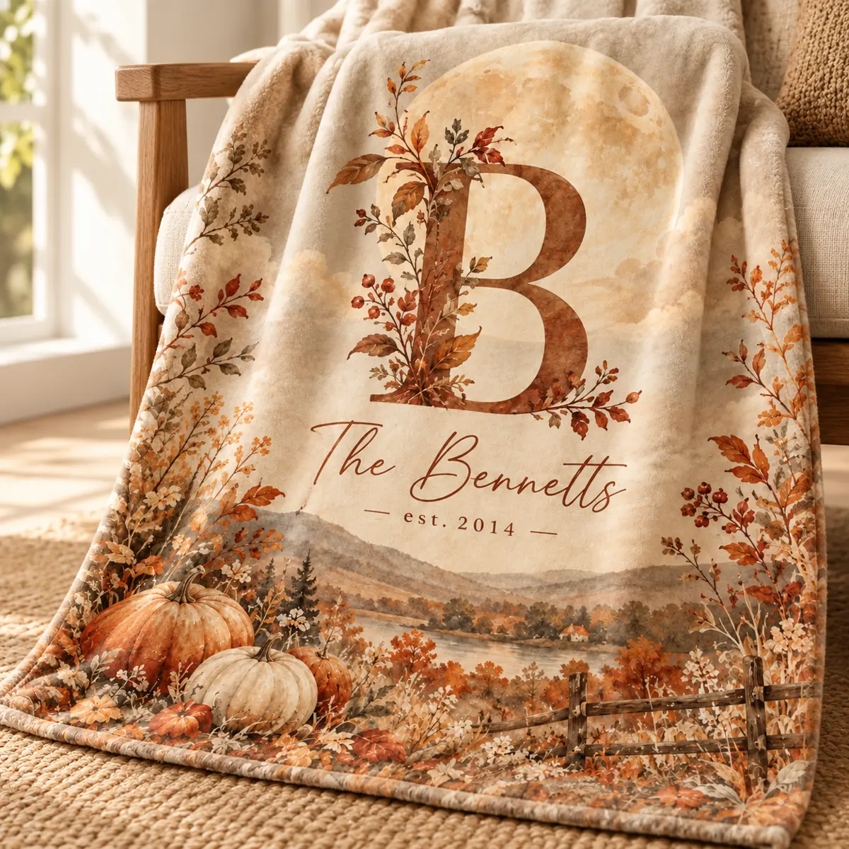 Harvest Moon Initial Personalized Throw Blanket — detail illustrative mockup