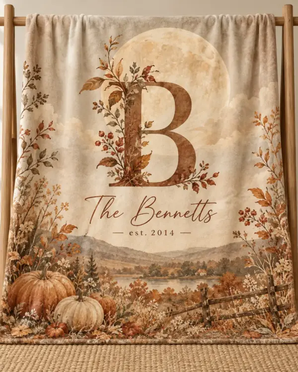 Harvest Moon Initial Personalized Throw Blanket — main illustrative mockup