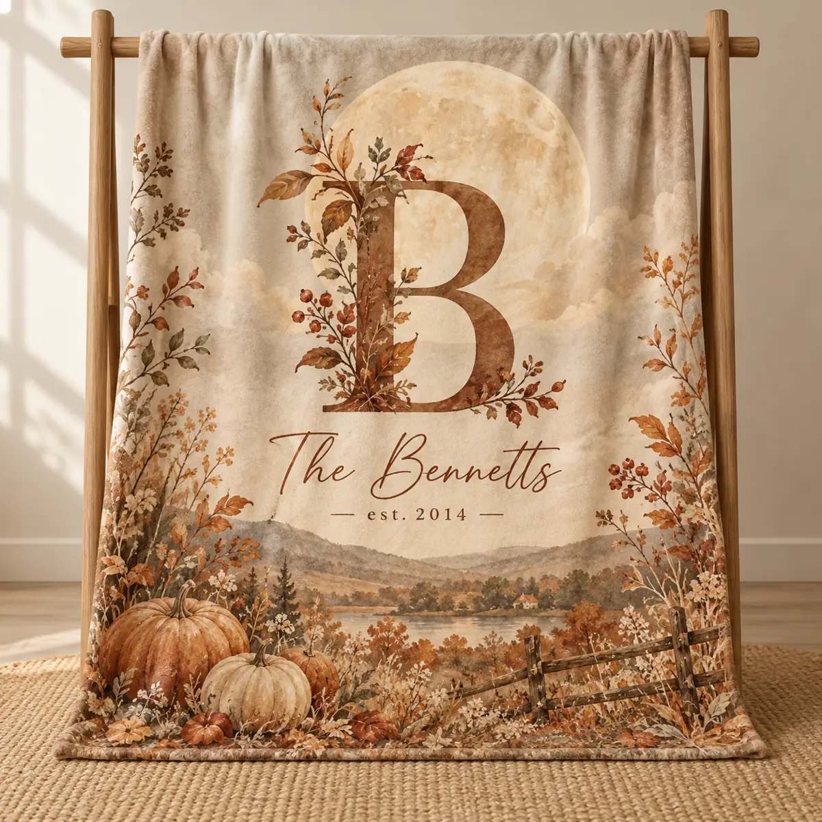 Harvest Moon Initial Personalized Throw Blanket — main illustrative mockup
