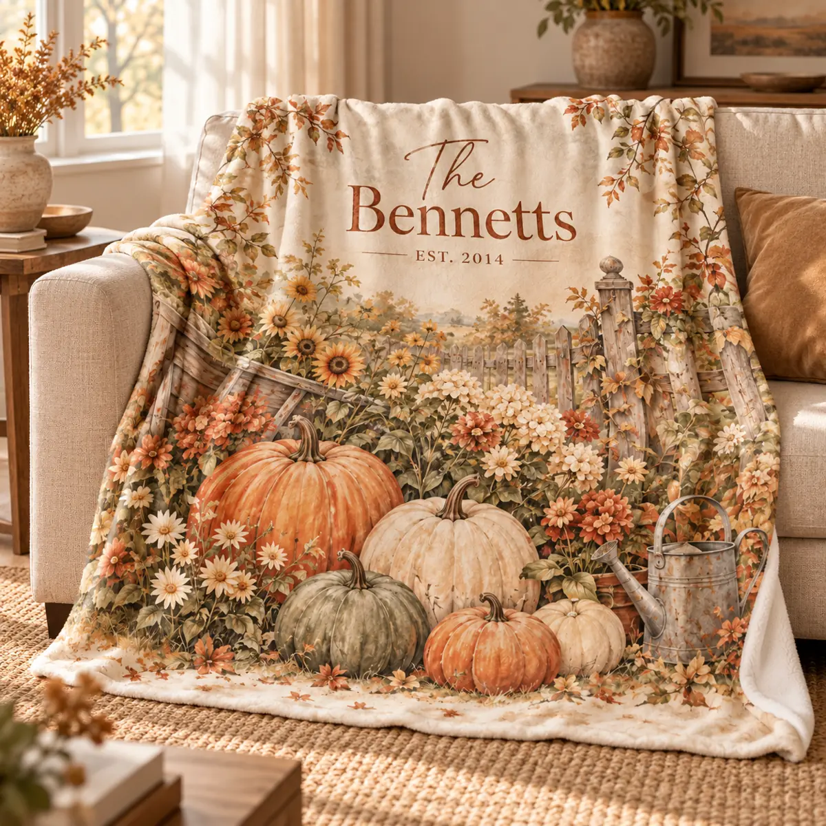 Pumpkin Garden Names Personalized Throw Blanket — lifestyle illustrative mockup