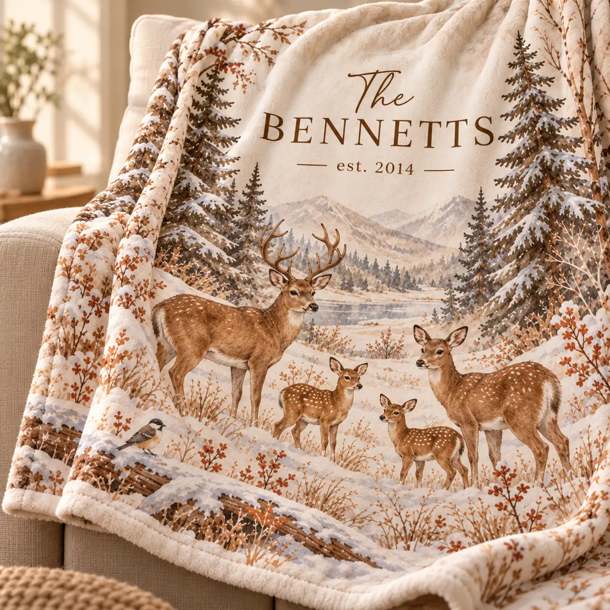 Winter Woodland Family Personalized Throw Blanket — detail illustrative mockup