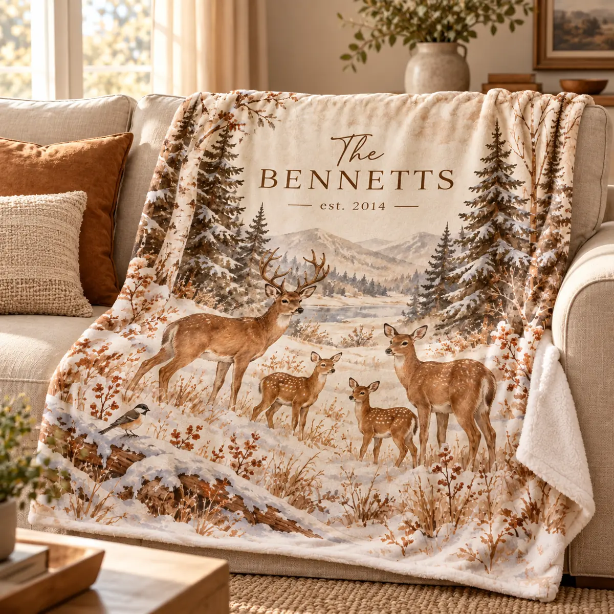 Winter Woodland Family Personalized Throw Blanket — lifestyle illustrative mockup