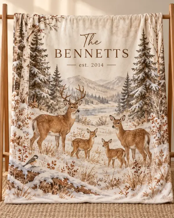 Winter Woodland Family Personalized Throw Blanket — main illustrative mockup