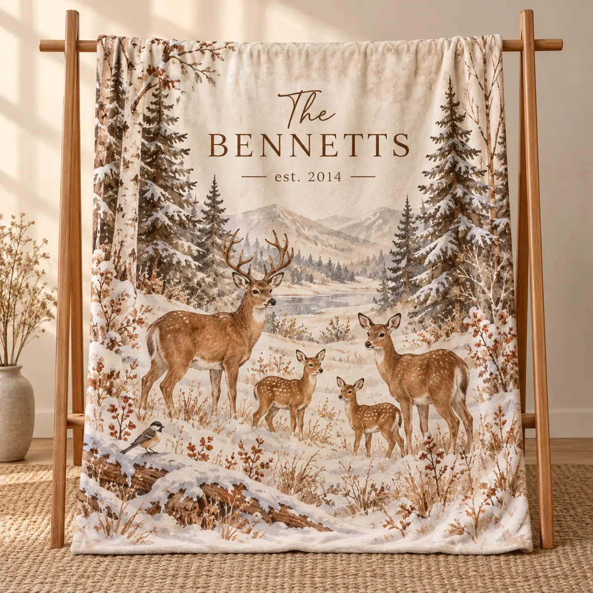 Winter Woodland Family Personalized Throw Blanket — main illustrative mockup