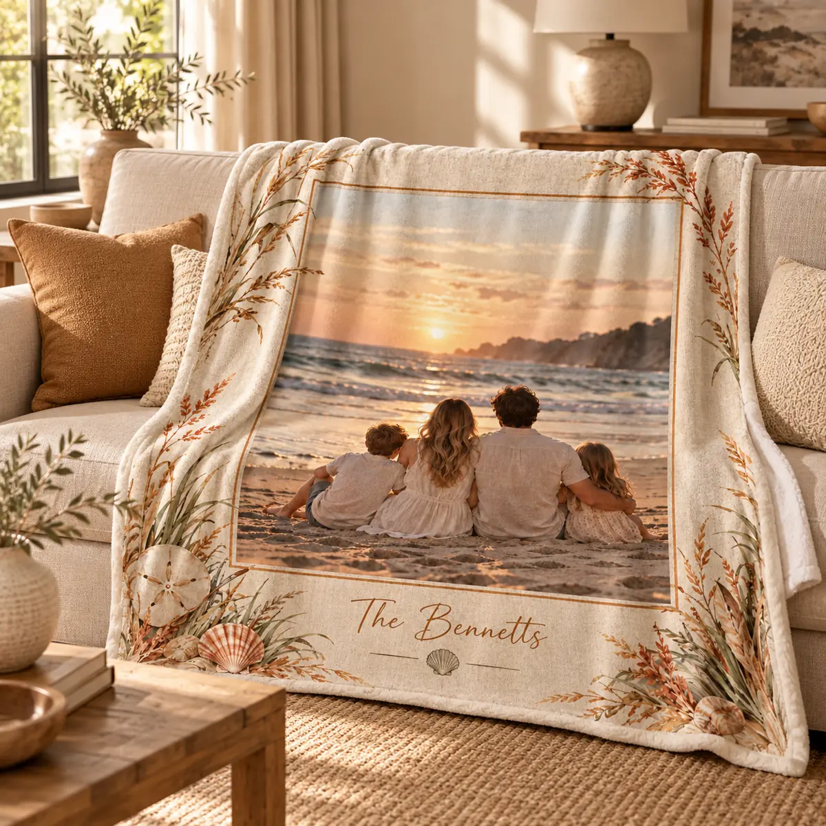 Photo Memory Border Personalized Throw Blanket — lifestyle illustrative mockup