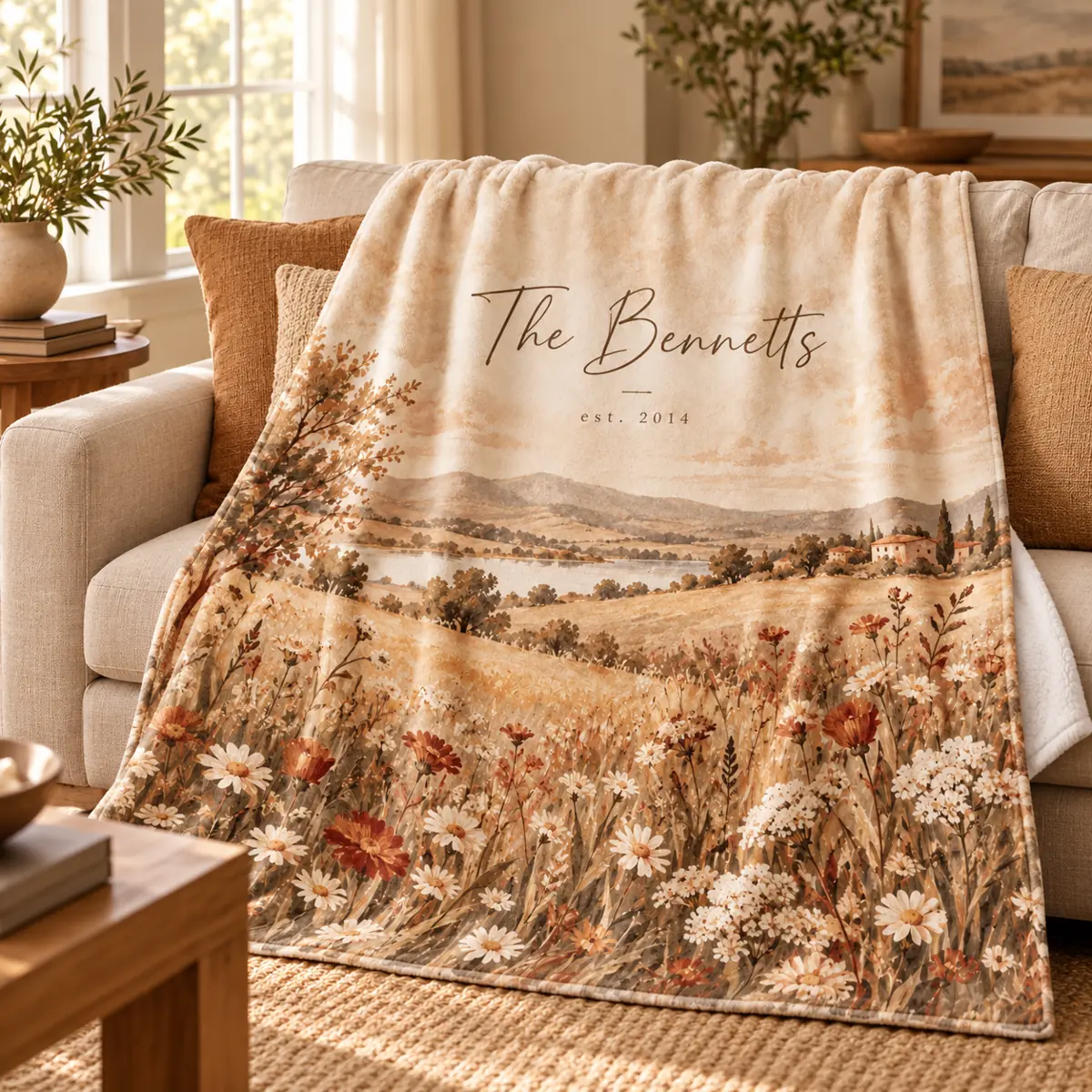 Two Names Meadow Personalized Throw Blanket — lifestyle illustrative mockup