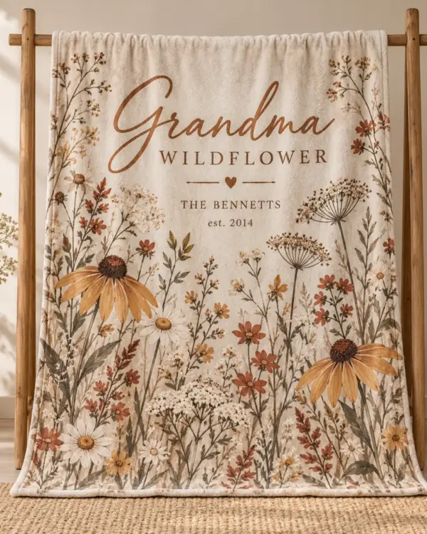 Grandma Wildflower Personalized Throw Blanket — main illustrative mockup