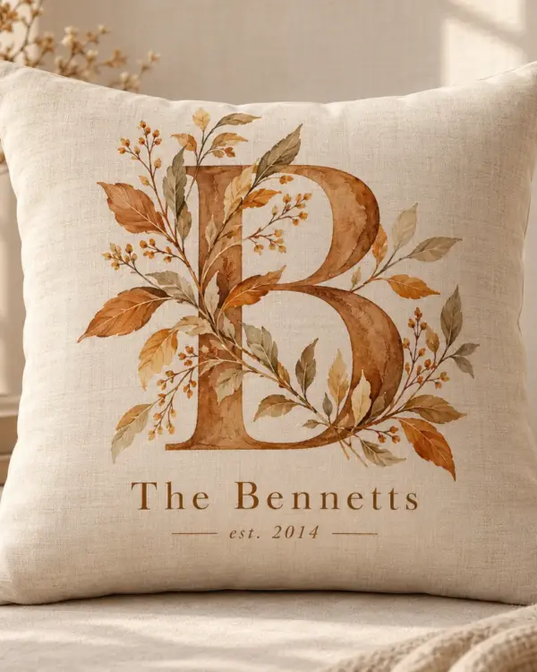 Amber Leaf Initial Personalized Pillow — main illustrative mockup