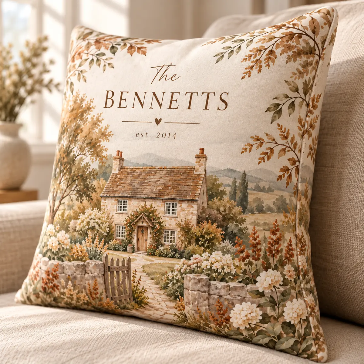 Cinnamon Cottage Name Personalized Pillow — detail illustrative mockup