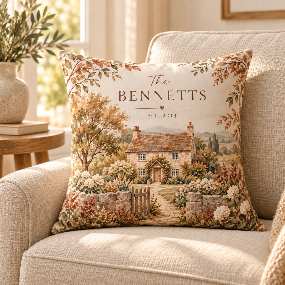 Cinnamon Cottage Name Personalized Pillow — lifestyle illustrative mockup