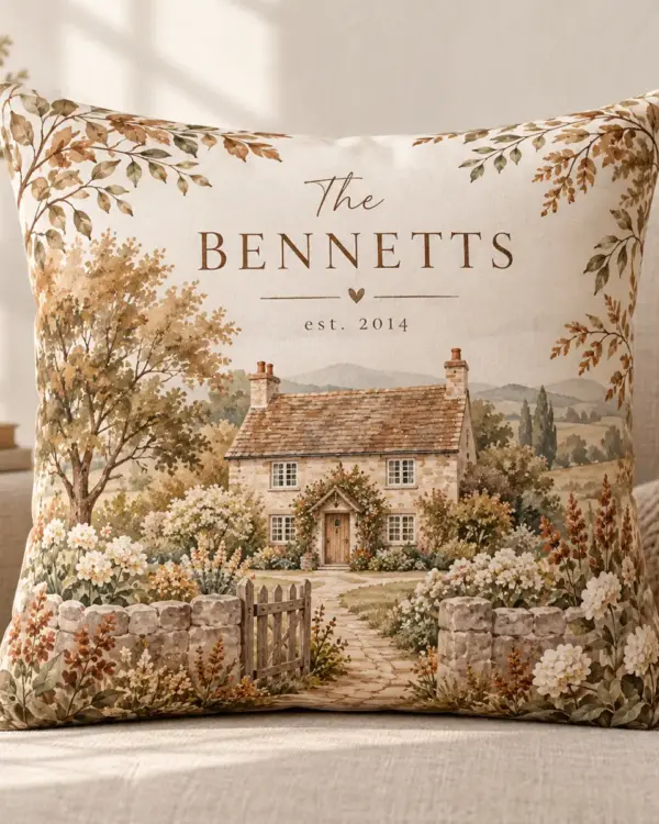 Cinnamon Cottage Name Personalized Pillow — main illustrative mockup