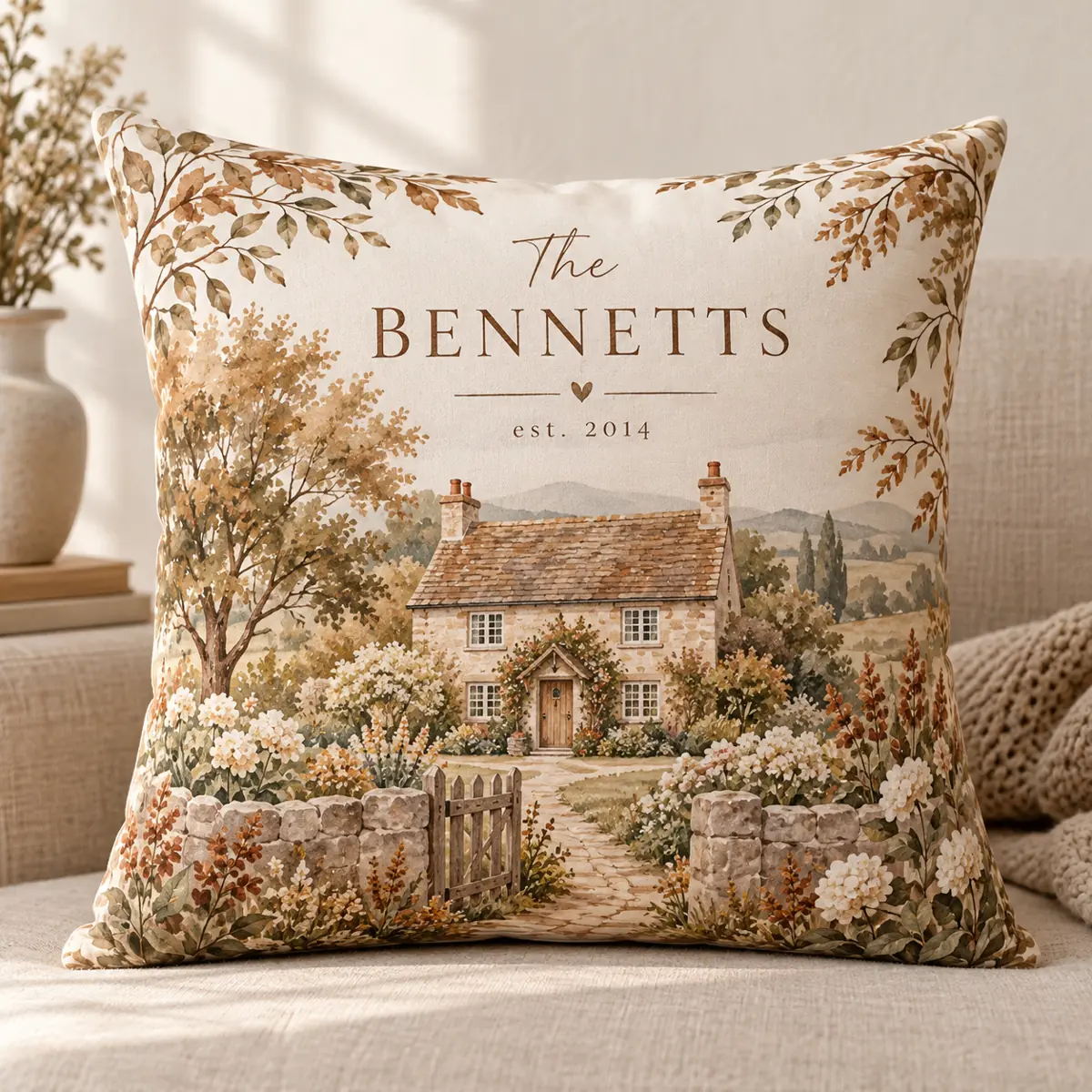 Cinnamon Cottage Name Personalized Pillow — main illustrative mockup