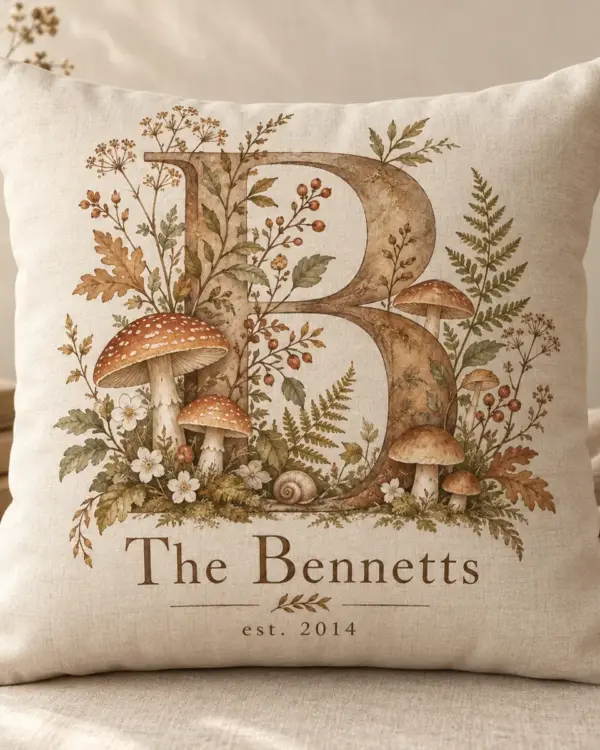 Mushroom Woodland Letter Personalized Pillow — main illustrative mockup