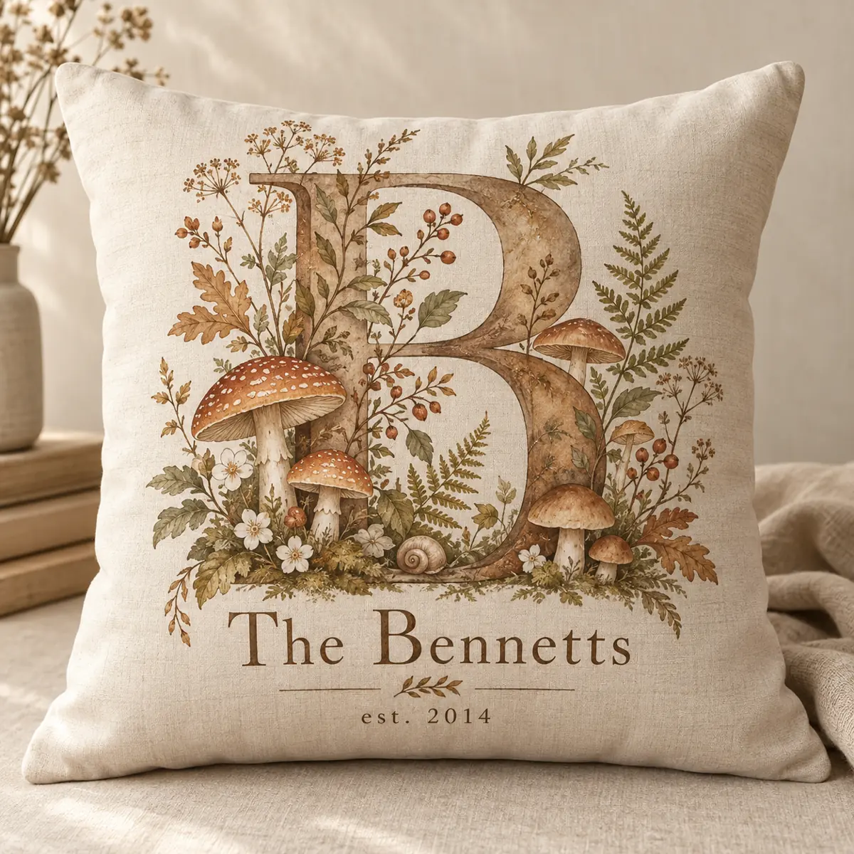 Mushroom Woodland Letter Personalized Pillow — main illustrative mockup