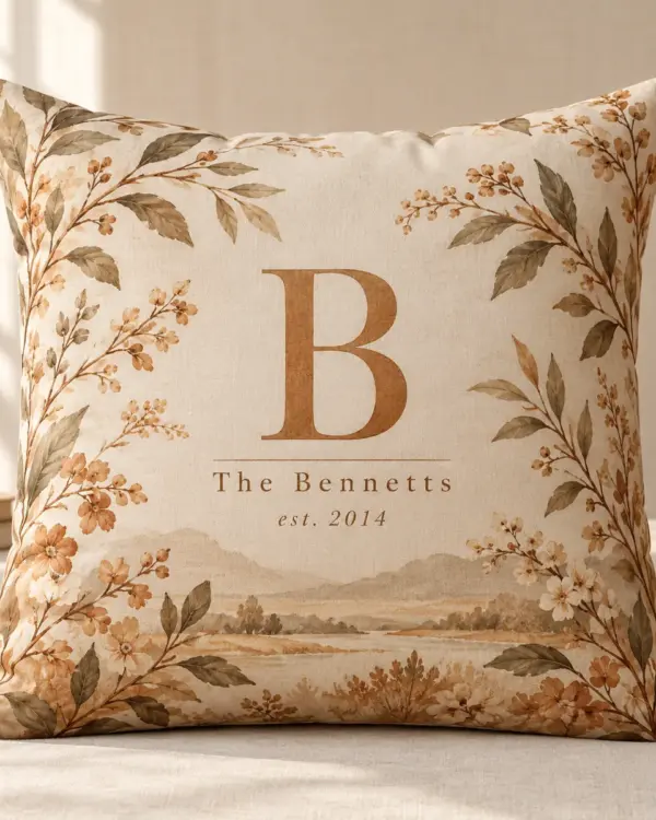 Warm Sand Monogram Personalized Pillow — main illustrative mockup