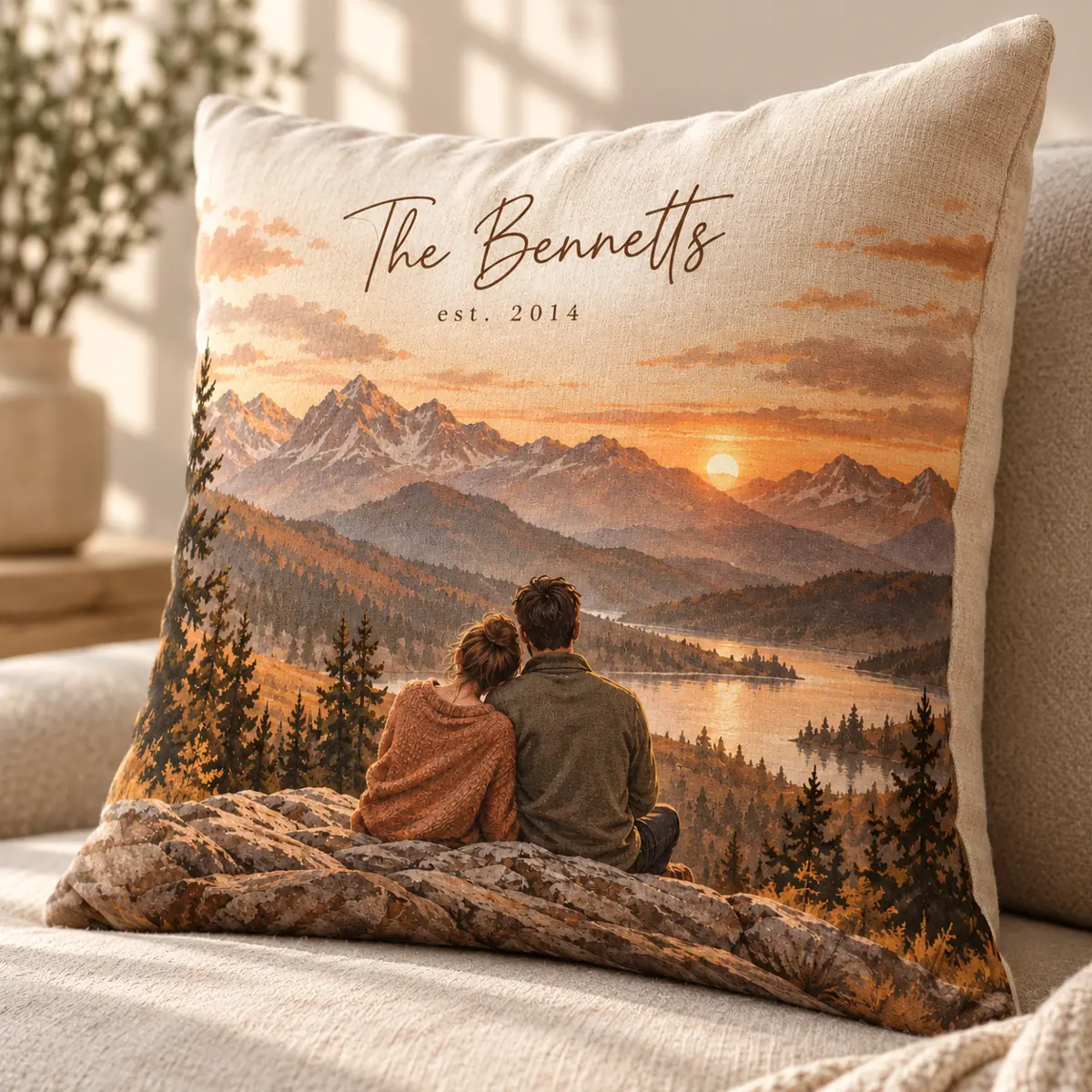 Dusk Mountain Couple Personalized Pillow — detail illustrative mockup