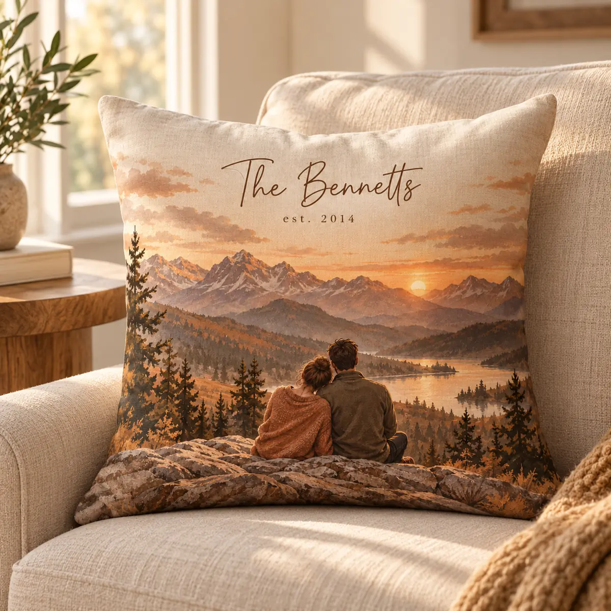 Dusk Mountain Couple Personalized Pillow — lifestyle illustrative mockup