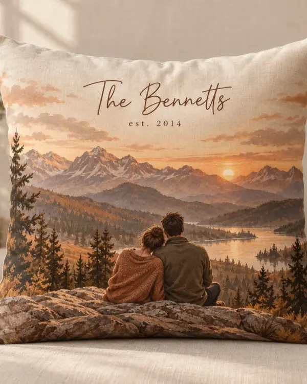 Dusk Mountain Couple Personalized Pillow — main illustrative mockup