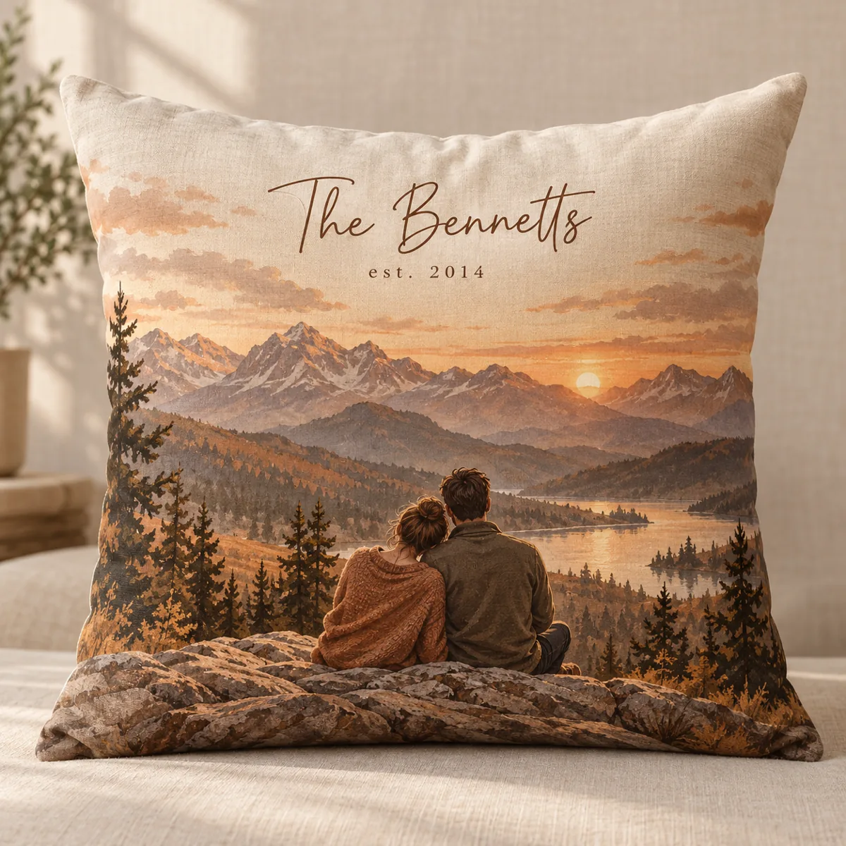 Dusk Mountain Couple Personalized Pillow — main illustrative mockup