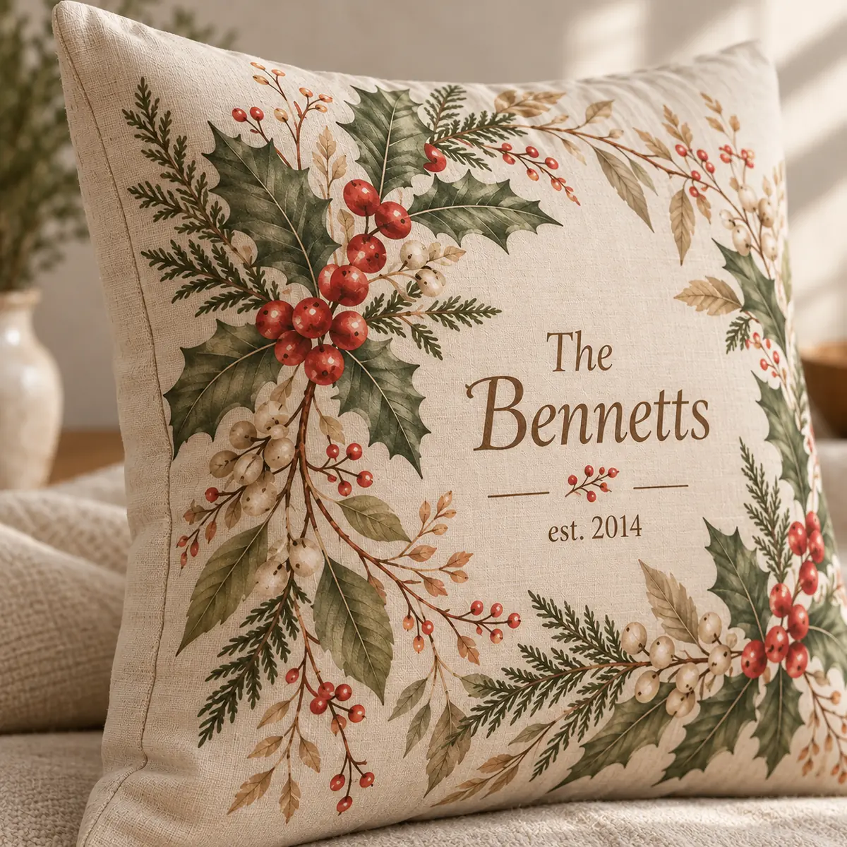 Holly Berry Family Personalized Pillow — detail illustrative mockup