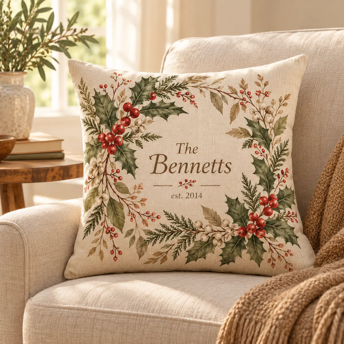 Holly Berry Family Personalized Pillow — lifestyle illustrative mockup