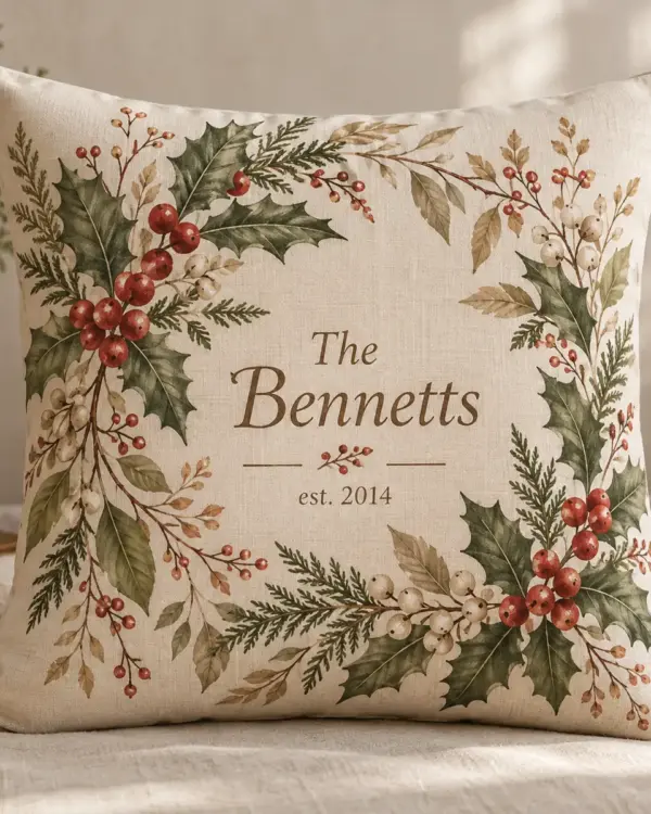 Holly Berry Family Personalized Pillow — main illustrative mockup