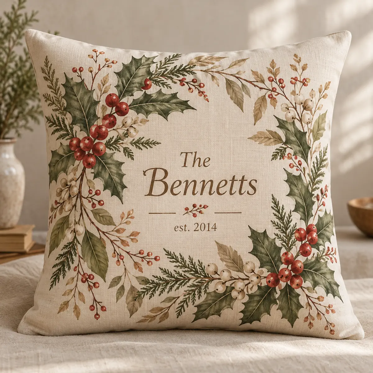 Holly Berry Family Personalized Pillow — main illustrative mockup