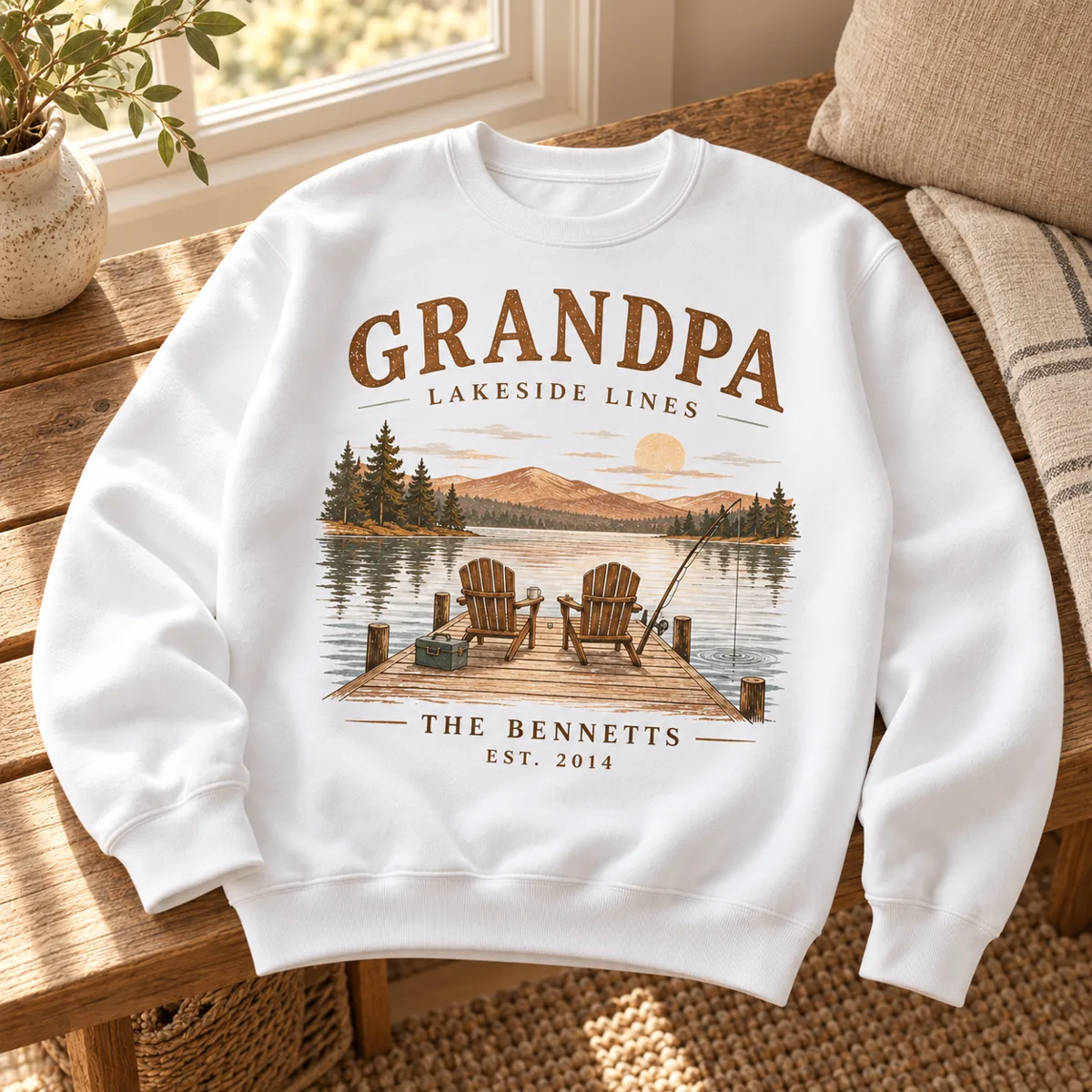Grandpa Lakeside Lines Personalized Crewneck Sweatshirt — lifestyle illustrative mockup