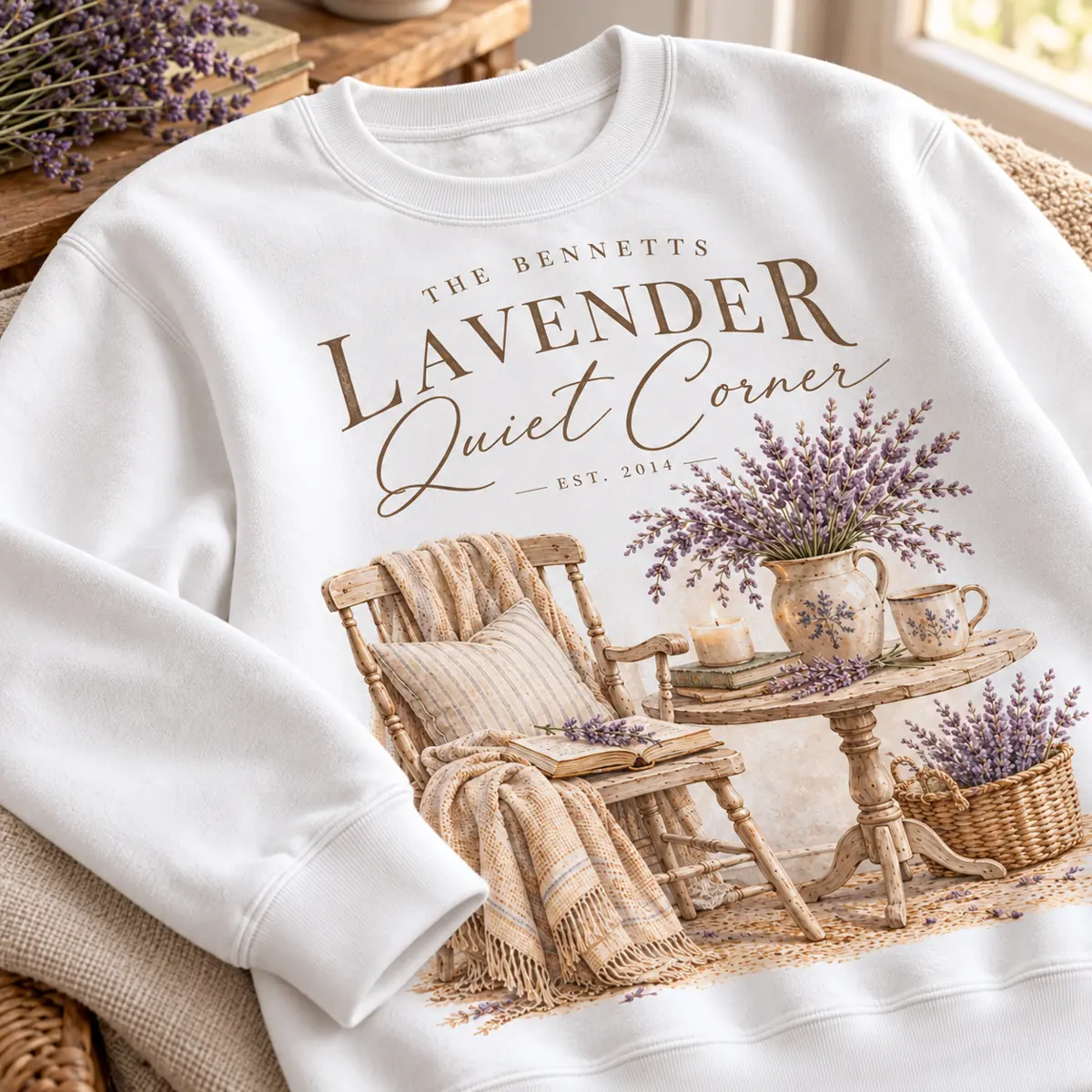 Lavender Quiet Corner Personalized Crewneck Sweatshirt — detail illustrative mockup