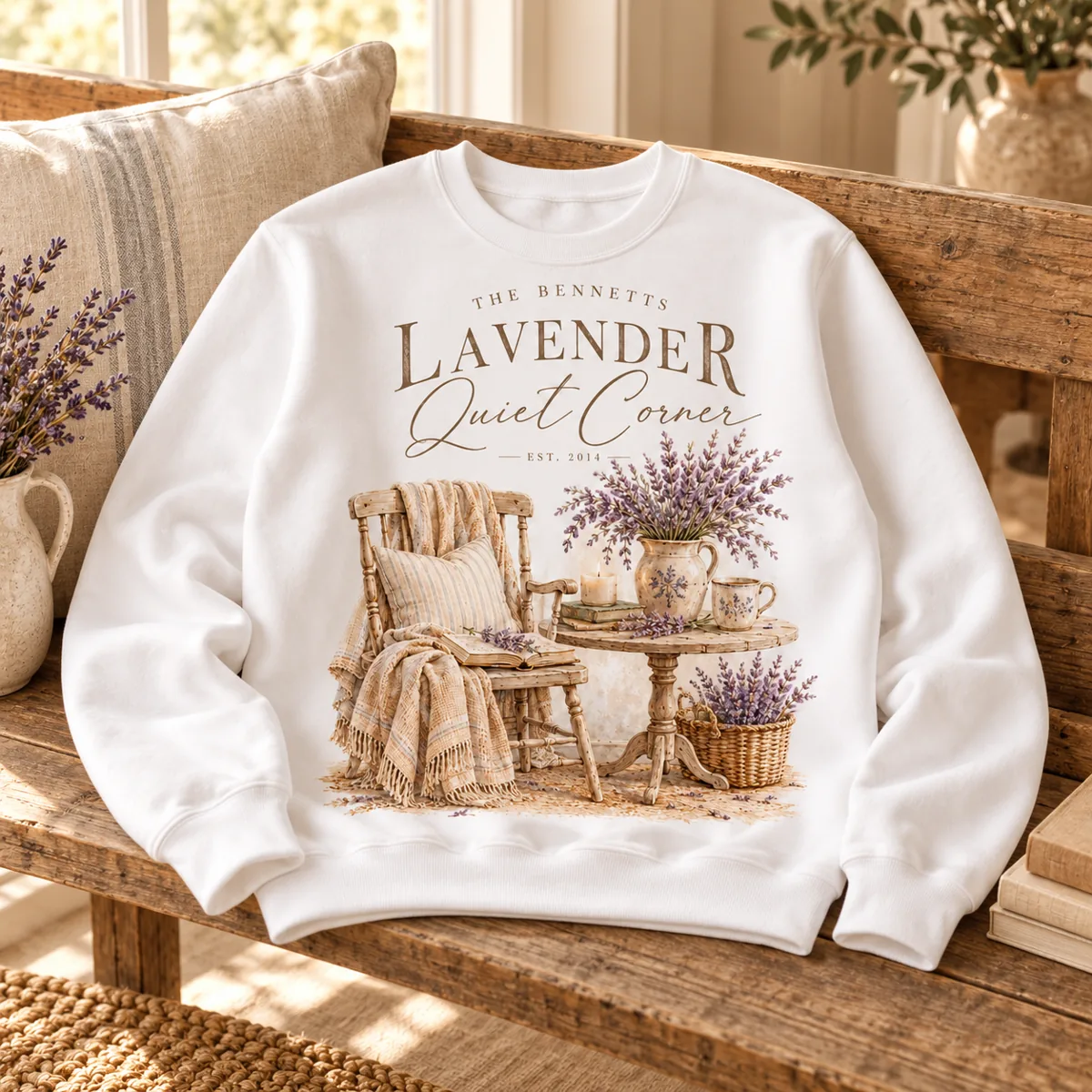 Lavender Quiet Corner Personalized Crewneck Sweatshirt — lifestyle illustrative mockup