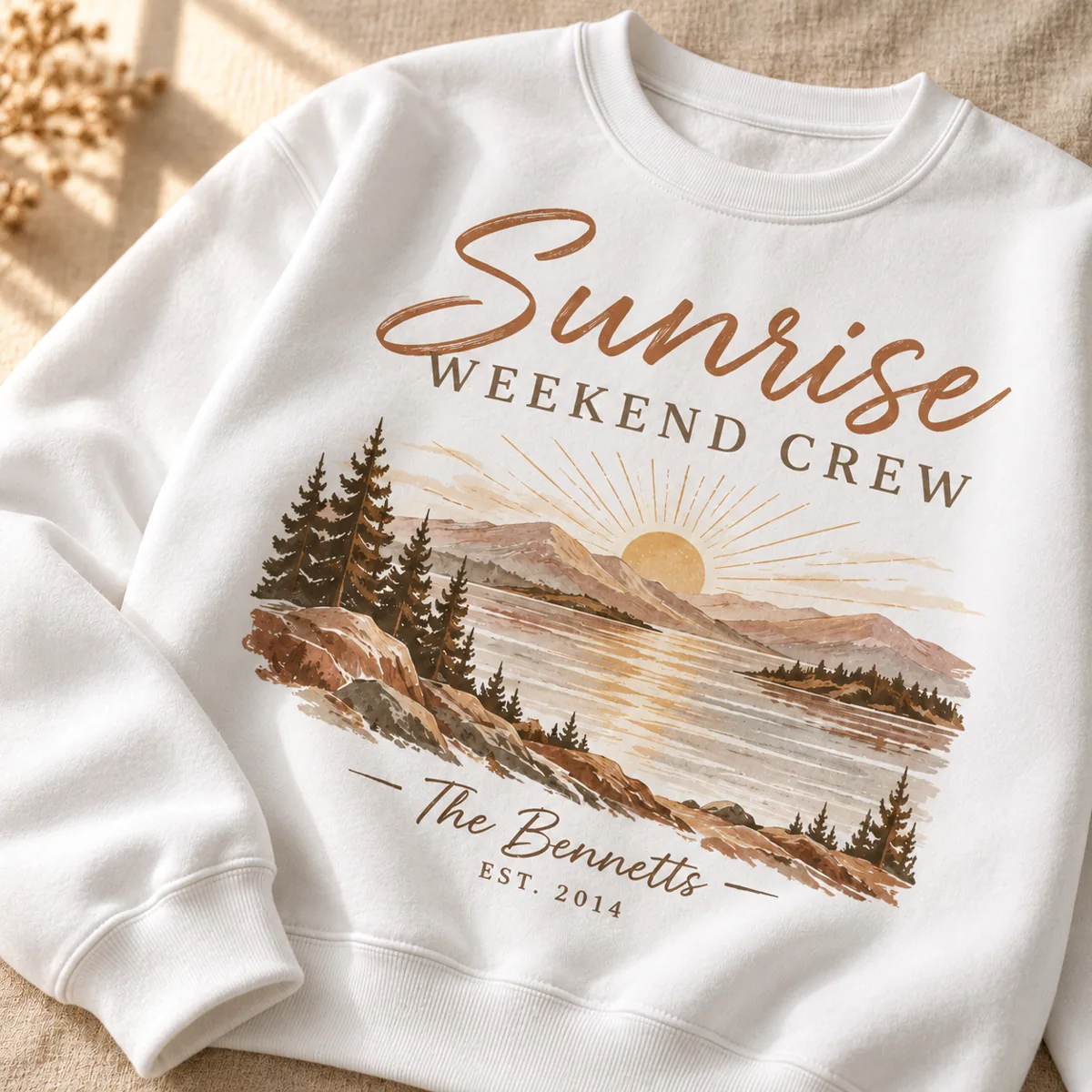 Sunrise Weekend Crew Personalized Crewneck Sweatshirt — detail illustrative mockup