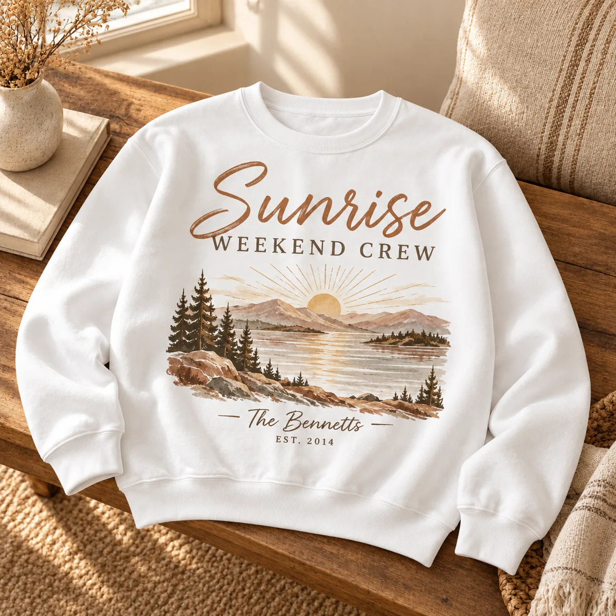 Sunrise Weekend Crew Personalized Crewneck Sweatshirt — lifestyle illustrative mockup