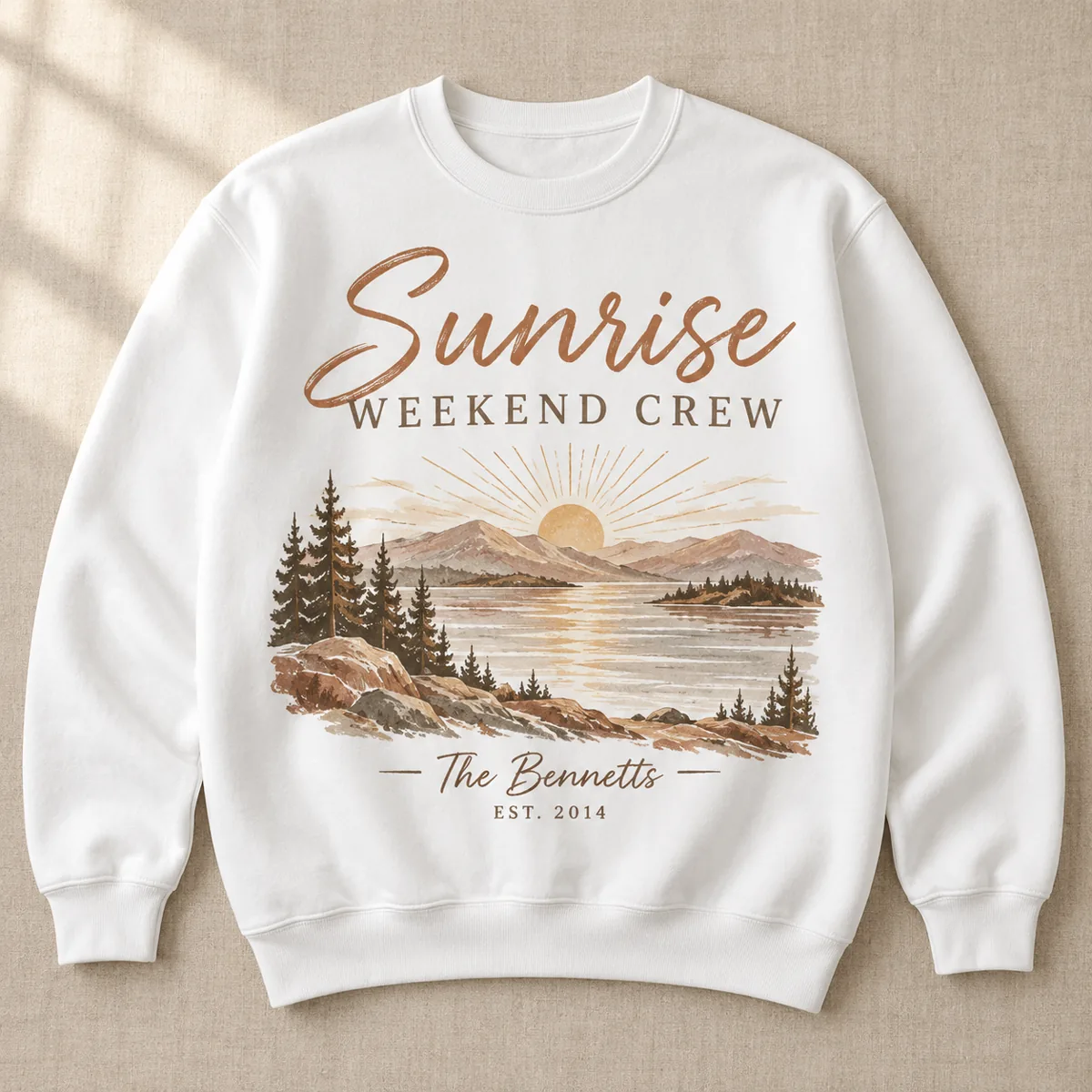 Sunrise Weekend Crew Personalized Crewneck Sweatshirt — main illustrative mockup